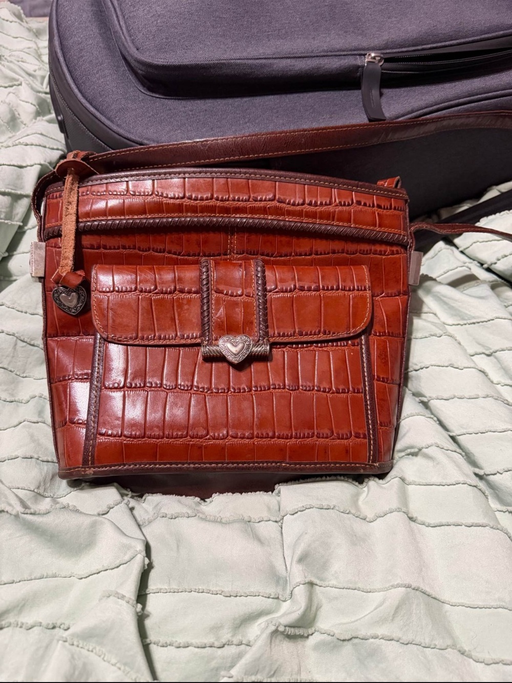 Brighton Croc-Embossed Brown Leather Crossbody with Heart Charm